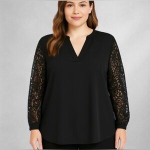 Tahari Women’s 1X Black Blouse Tunic Top Lace Long Sleeve V-Neck
